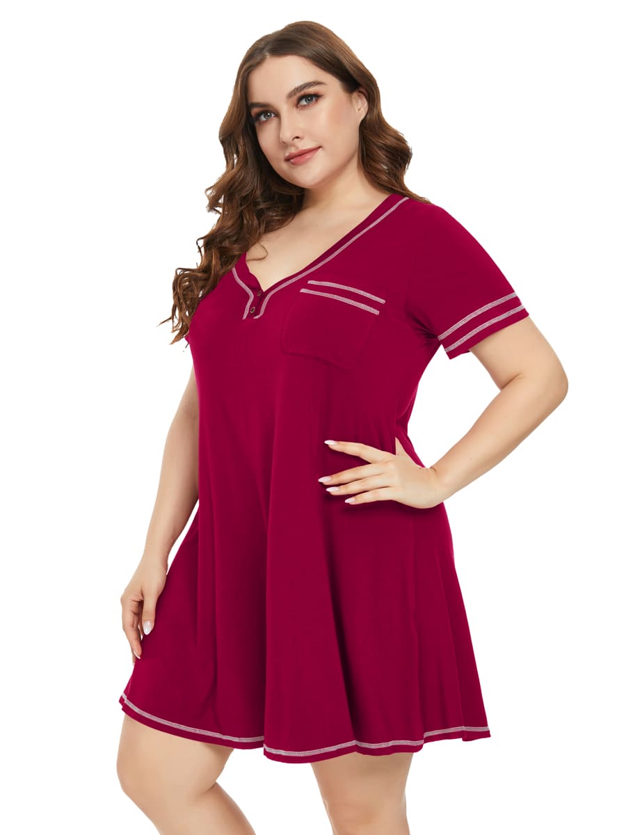 T-Shirt Dress V-Neck Button Pajamas with Pocket Nightgowns M~3XL-leboilalaslie 8078