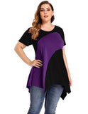 leboilalaslie Color Block V-Neck Flattering Asymmetrical Hemline Long Shirt 6XL-8067.