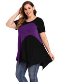 leboilalaslie Color Block V-Neck Flattering Asymmetrical Hemline Long Shirt 6XL-8067