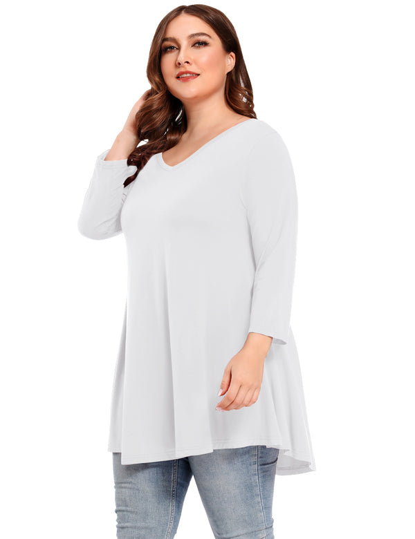 V Neck Loose Fit Flowy Long Sleeve Tunics Tops Plus Size for Women - leboilalaslie 8056.