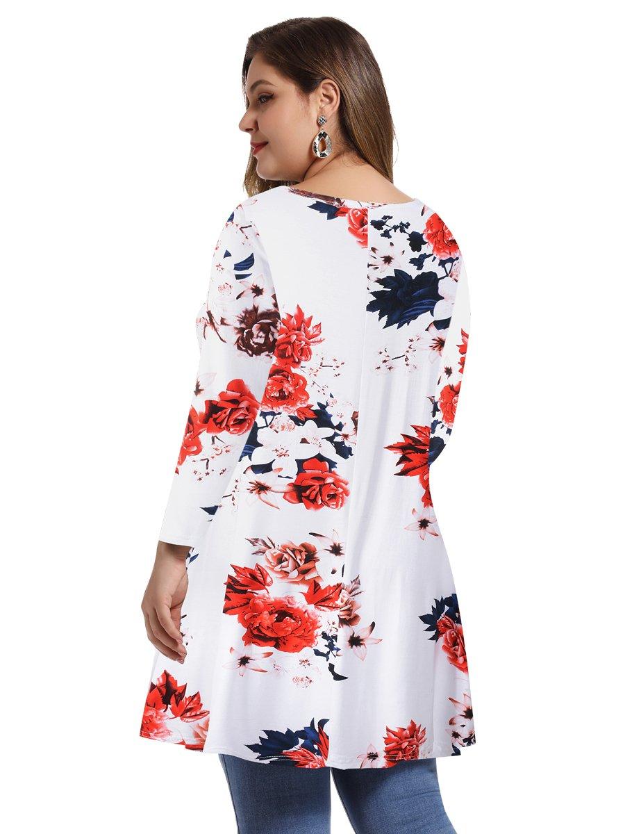 Women's Plus Size Tops floral printed 3/4 Sleeve Loose Fit Flare Swing Tunic -leboilalaslie 8052.