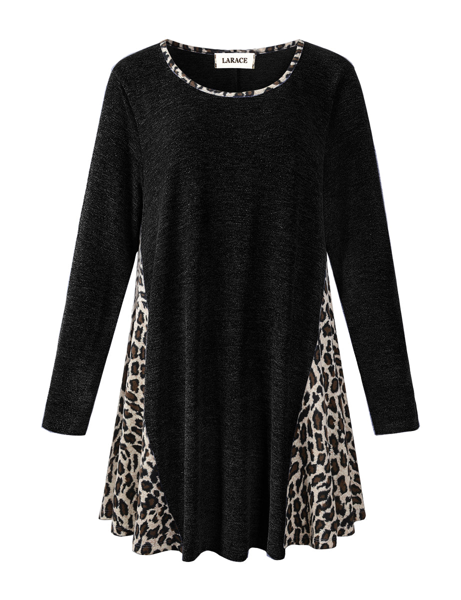 leboilalaslie Plus Leopard Long Sleeve Flowy Shirt Loose Sweater-8084.
