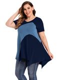 leboilalaslie Color Block V-Neck Flattering Asymmetrical Hemline Long Shirt-8067.