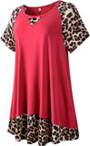 leboilalaslie Plus Size Tunic Leopard Tops for Women Contrast Color Short Sleeve Summer T-Shirt-8065.