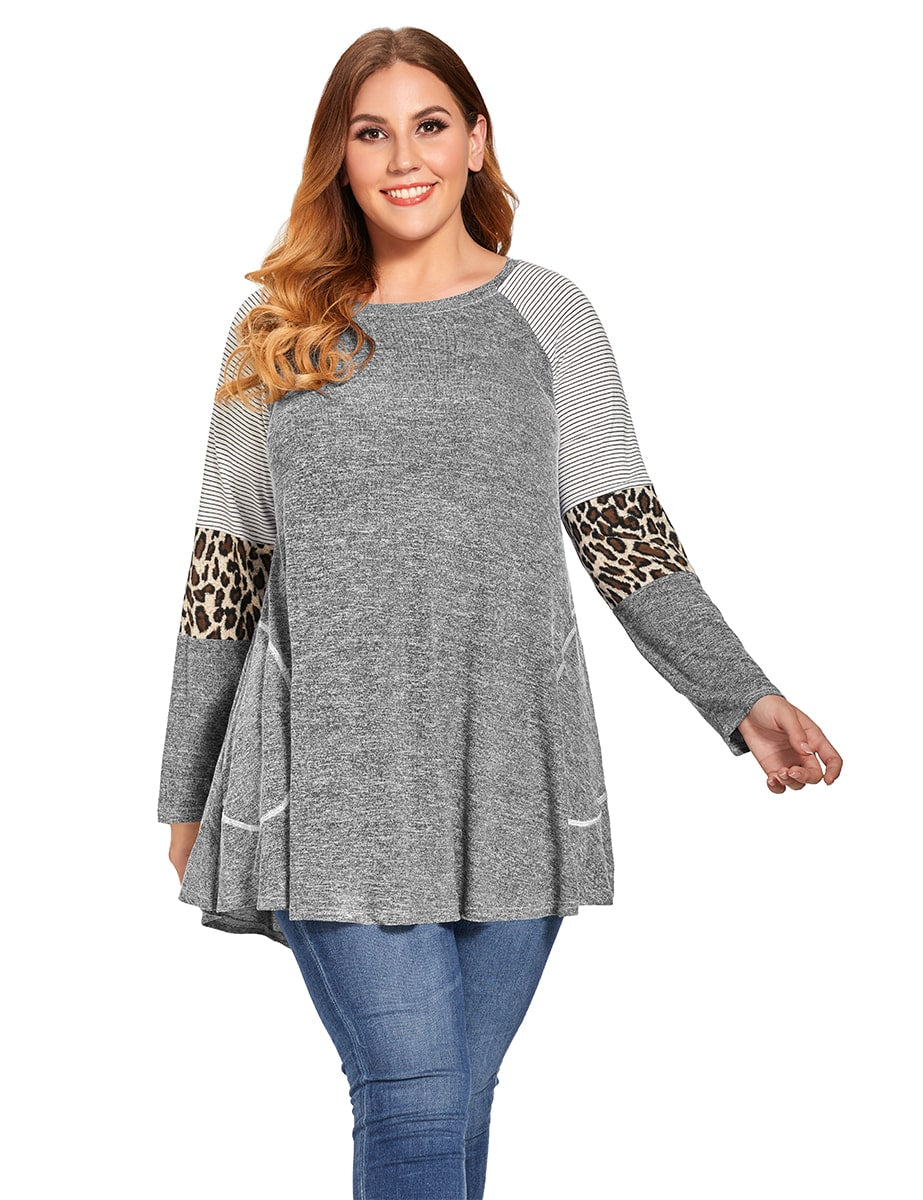 leboilalaslie Plus Size Leopard Long Sleeve Shirt with Pocket-8083.