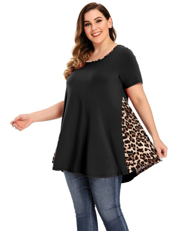 leboilalaslie Color Block Leopard Print Tops for Women Plus Size Short Sleeve-8062.