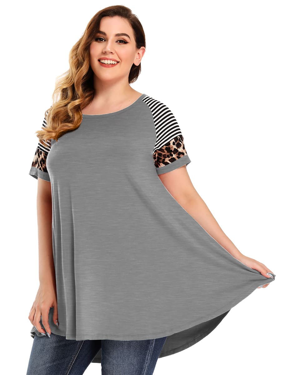leboilalaslie Leopard Print Tunics Color Block Long Tee Shirt-8064.