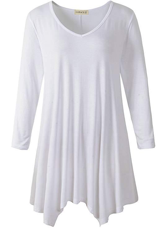 V-Neck Plain Swing Tunic Top Casual Long-sleeved T-shirt-leboilalaslie  8035.