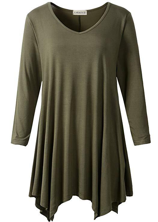 V-Neck Plain Swing Tunic Top Casual Long-sleeved T-shirt-leboilalaslie  8035.