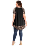 leboilalaslie Plus Size Tunic Leopard Tops for Women Contrast Color Short Sleeve Summer T-Shirt-8065.